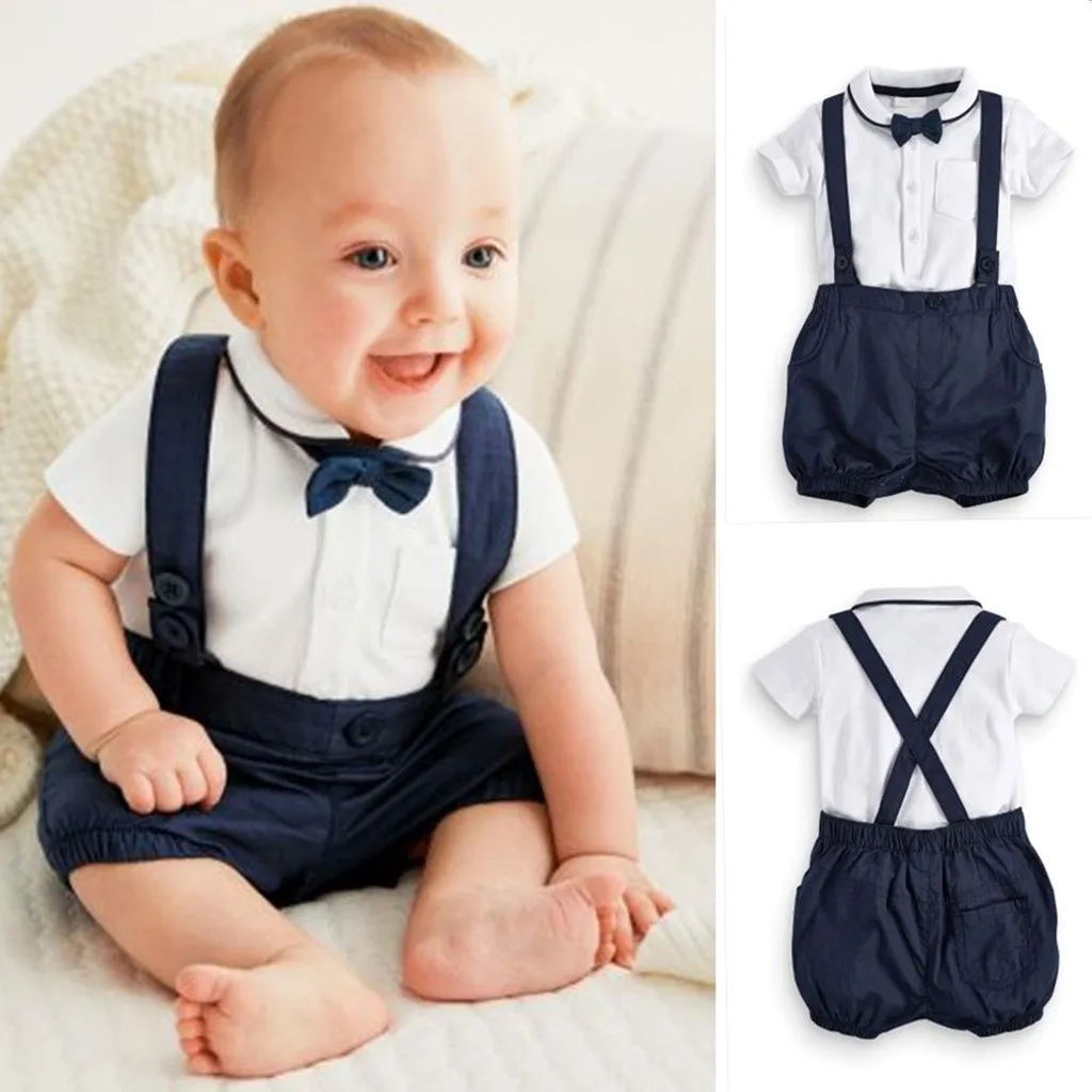 

SAGACE Toddler Boy Summer Clothes Infant Baby Gentleman Bow Tie T-Shirt Tops+Solid Shorts Overalls Outfits For Newborn