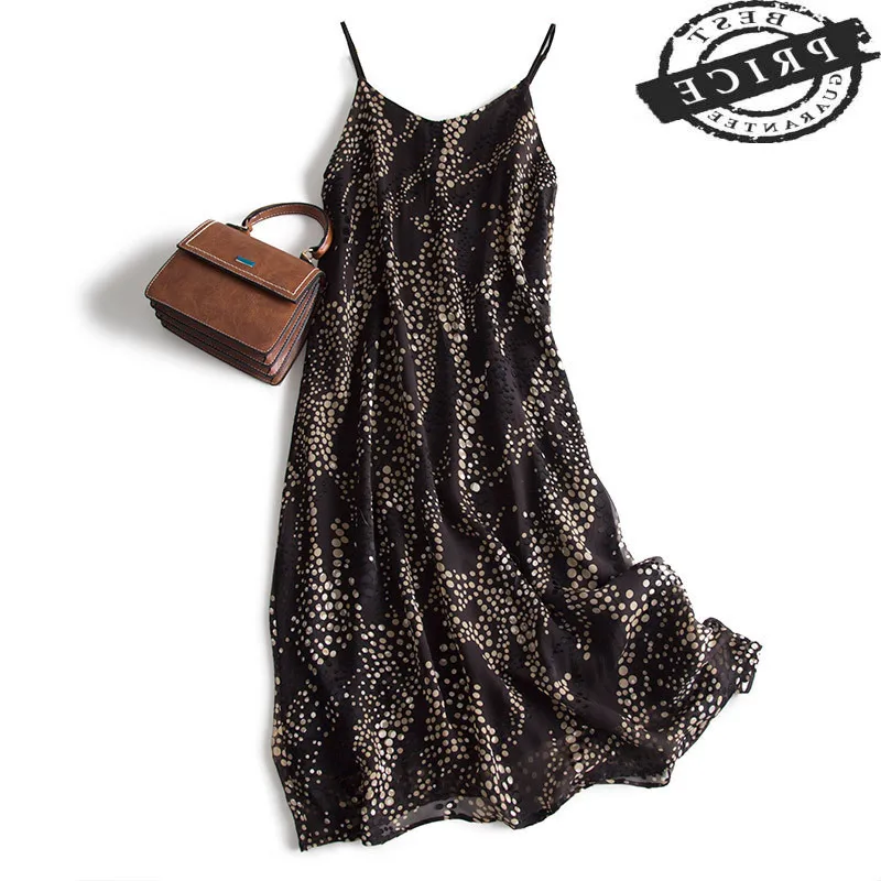 

Dress Women Summer Vintage Real Silk Dresses 2021 Korean Sexy V Enck Sleeveless Polka Dot Party Dress Boho Vestidos 0132