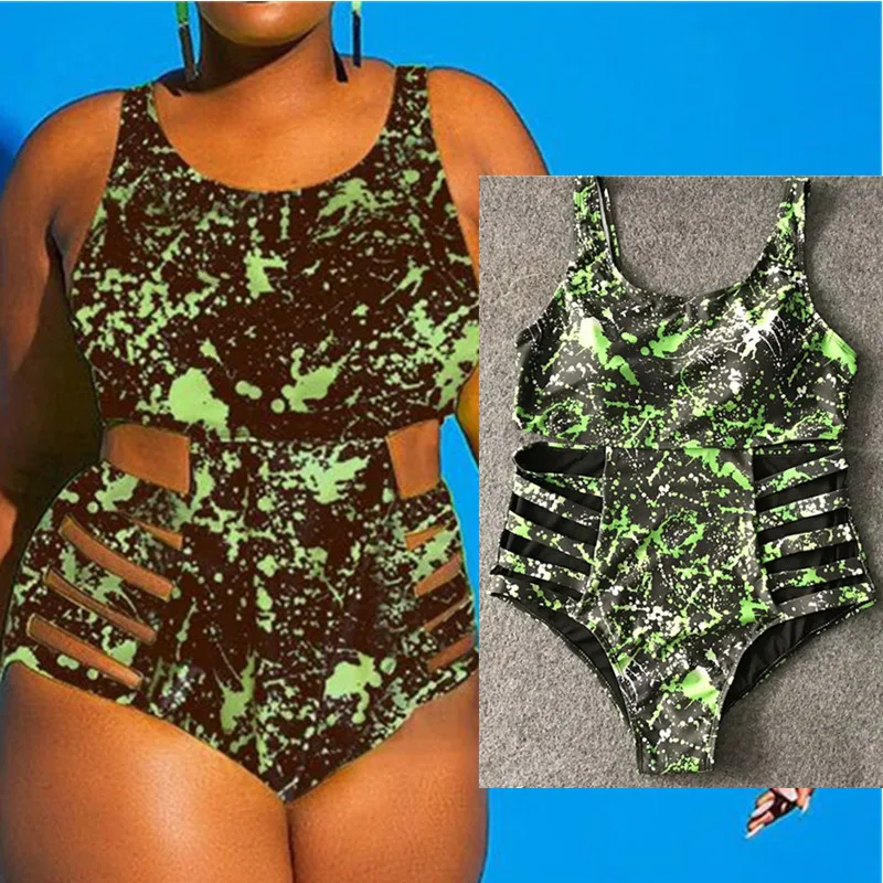 green print 4XL размера плюс купальник Цельный Монокини для женщин белый большой купальник черный прозрачный купальник пуш-ап большой сплошной цельный костюм - Цвет: green print