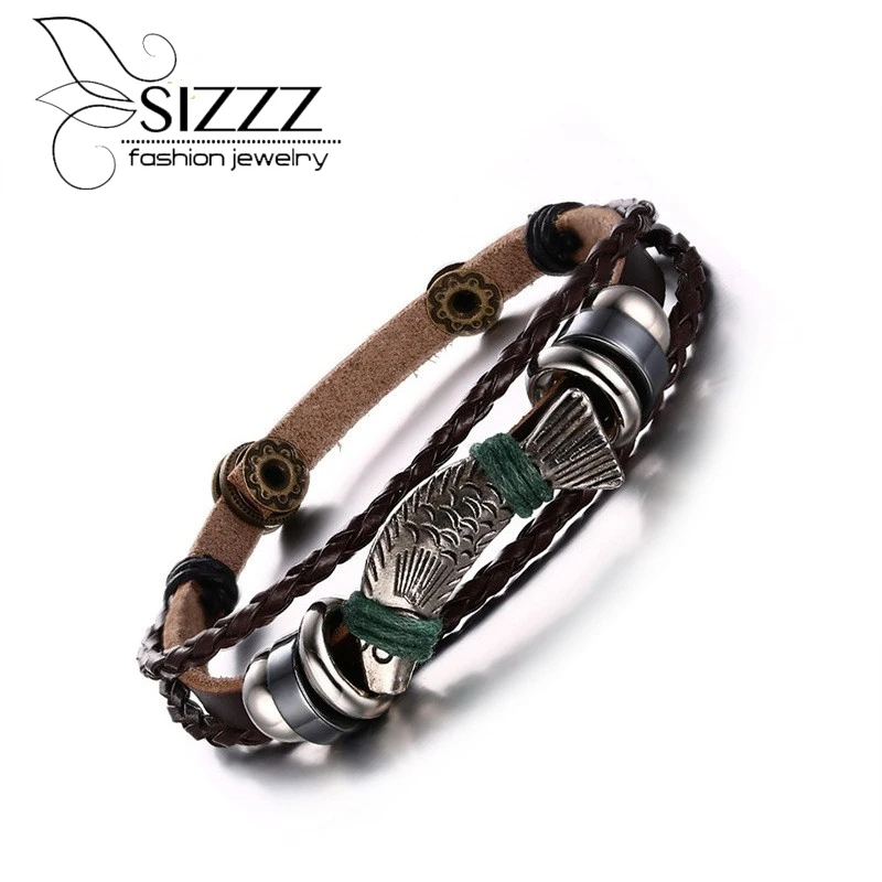 Новинка 2016 мужские кожаные браслеты и с рисунком рыбы длина 22 см Очаровательные