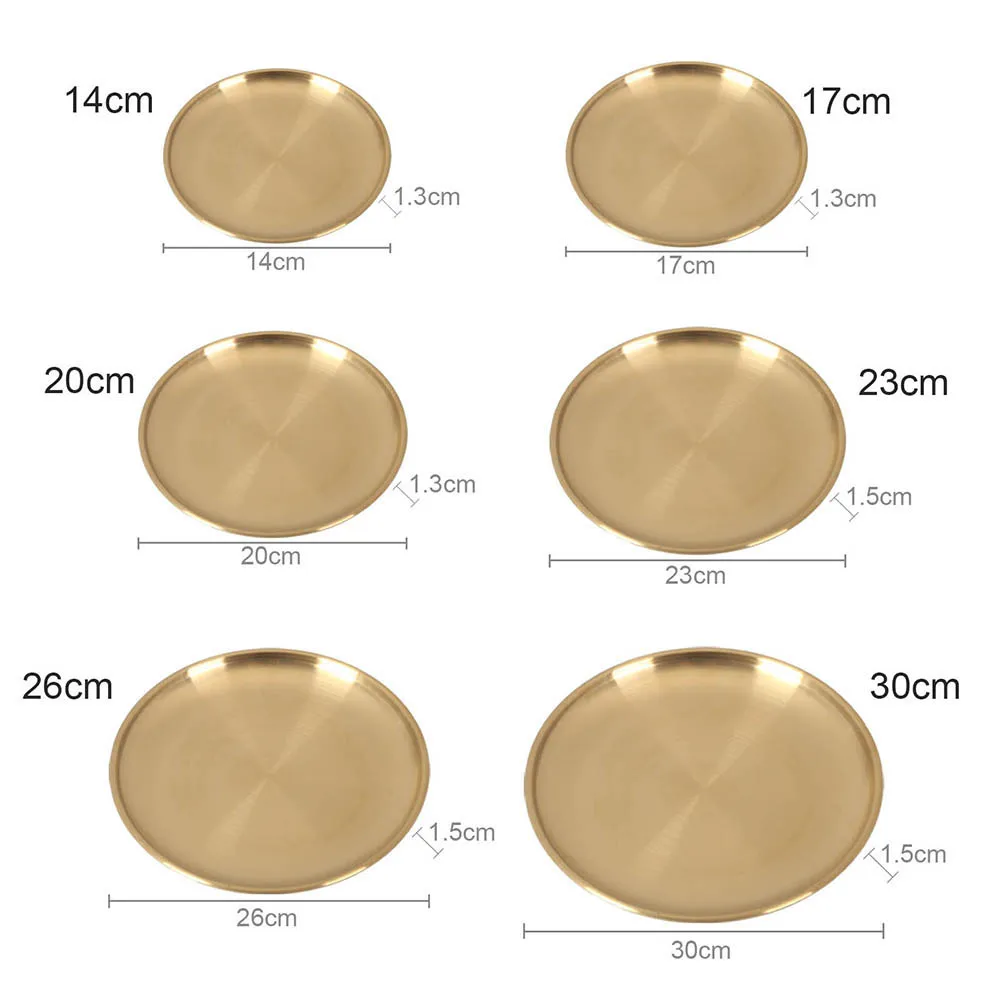 

Dinner Plates Luxurious 6 Sizes Stainless Steel Gold Plating Round Cake Snack Tray Korean Barbecue Plate Kitchen Accessories