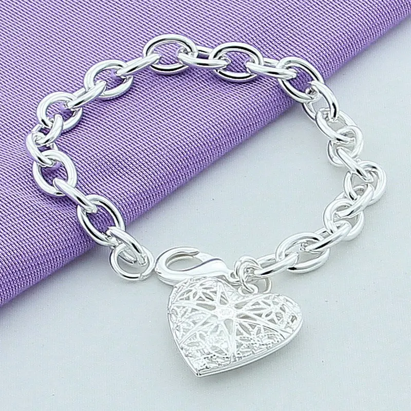 

925 Sterling Silver Heart Photo Frame Bracelet For Women Wedding Engagement Jewelry