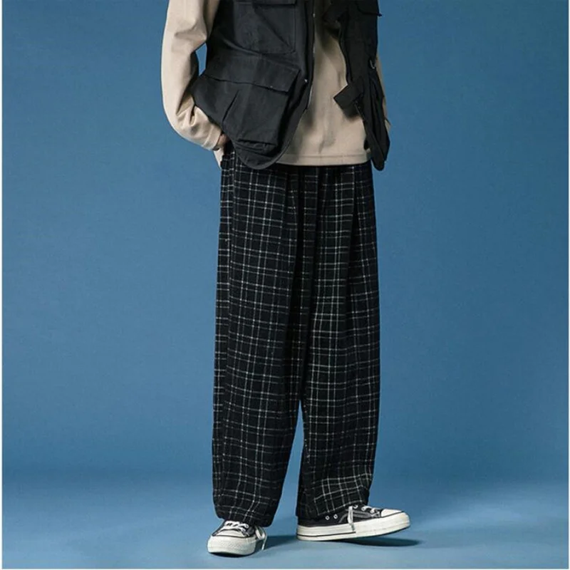 

2021 Men Brand clothing Corduroy wide-leg Trousers/Male high-grade plaid Haroun pants/lovers Fashion plaid Hip-hop style Pants