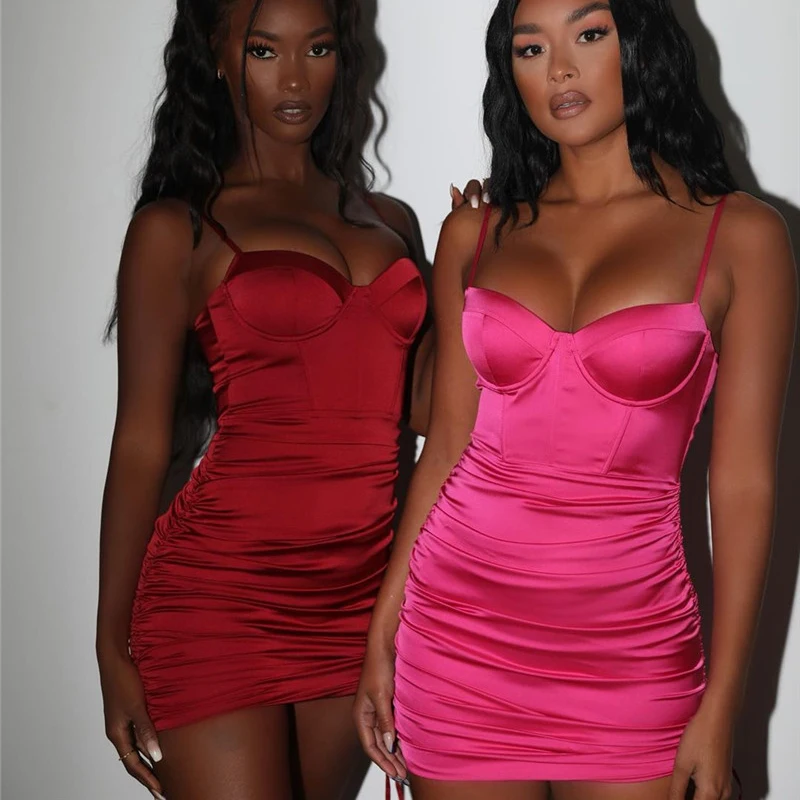 

Sexy V Neck Backless Satin Dress Women Zipper Drawstring Ruched Spaghetti Strap Mini Dress Bodycon Evening Party Club Dresses