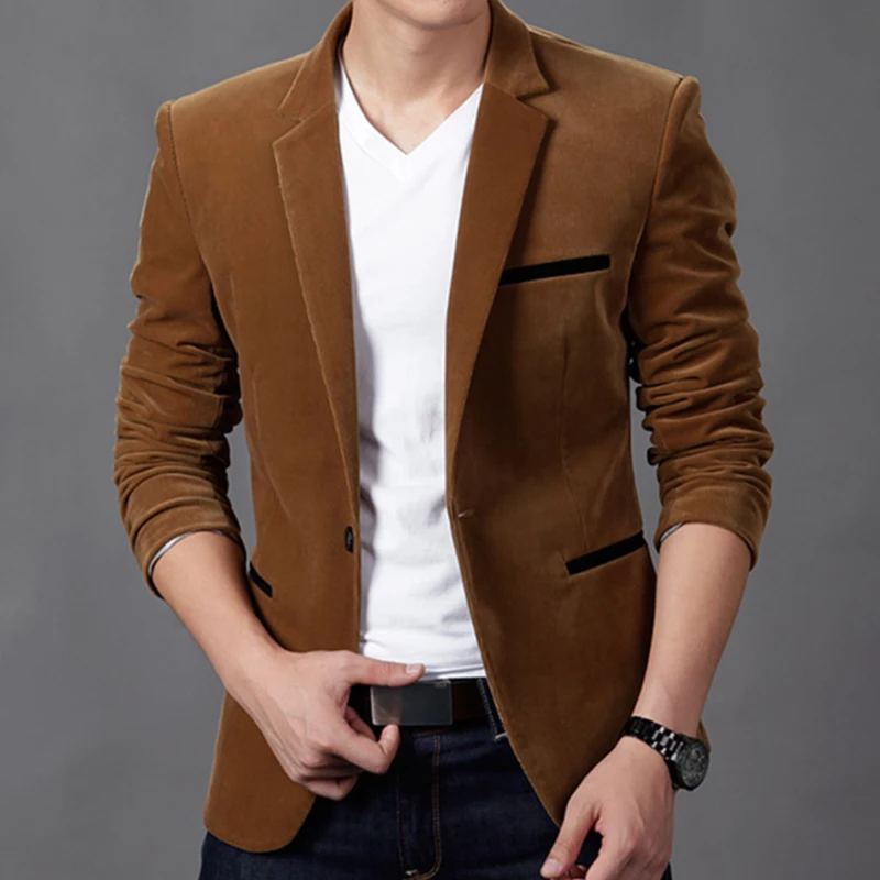 

One Piece Velvet Mens Notch Lapel Blazer British's Style Casual Slim Fit Suit Jacket Male Blazers Men Coat Jacket