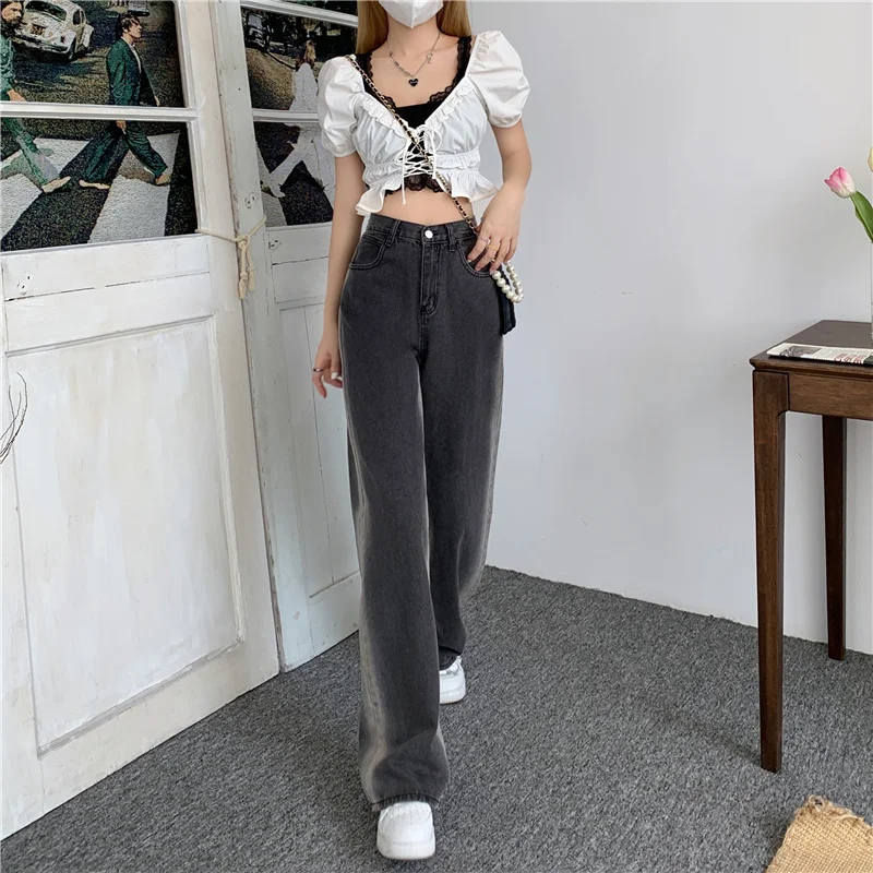 Женские прямые джинсы с градиентом серые свободные брюки-трубы высокой талией и