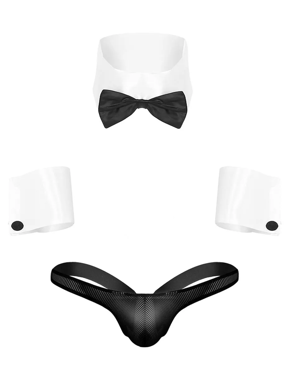 

Mens Adults Waiter Roleplay Costume Outfits Collar and Cuffs With See Through Fishnet Jockstrap G-string Thong Underwear Set