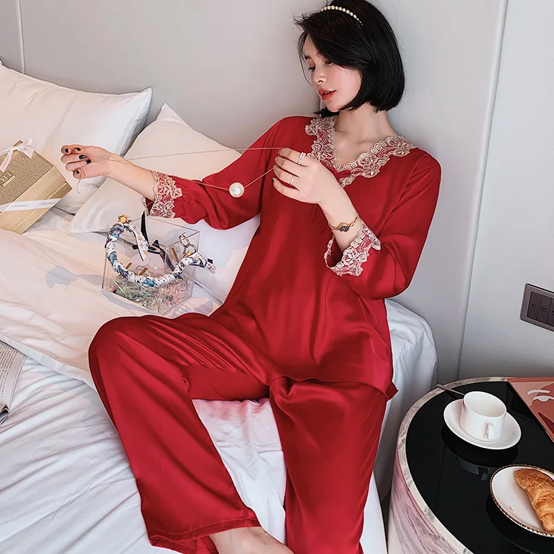 Spring Autumn Pajamas Women's Long Sleeve Ice Lace Sexy Sleepwear Loose Pullover 2021 New Silk Home Wear Nightwear Nightwear