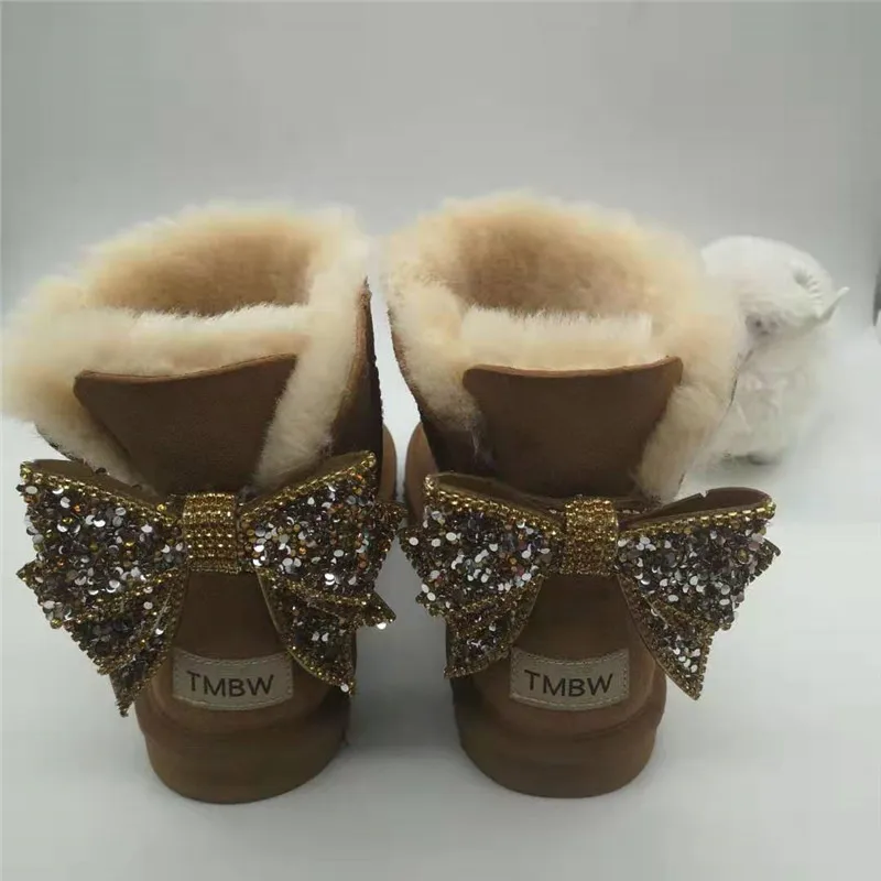 Blinging/; красивые женские зимние ботинки из натуральной овечьей кожи с бантом; женские ботинки на натуральном меху; теплые зимние ботинки с шерстью