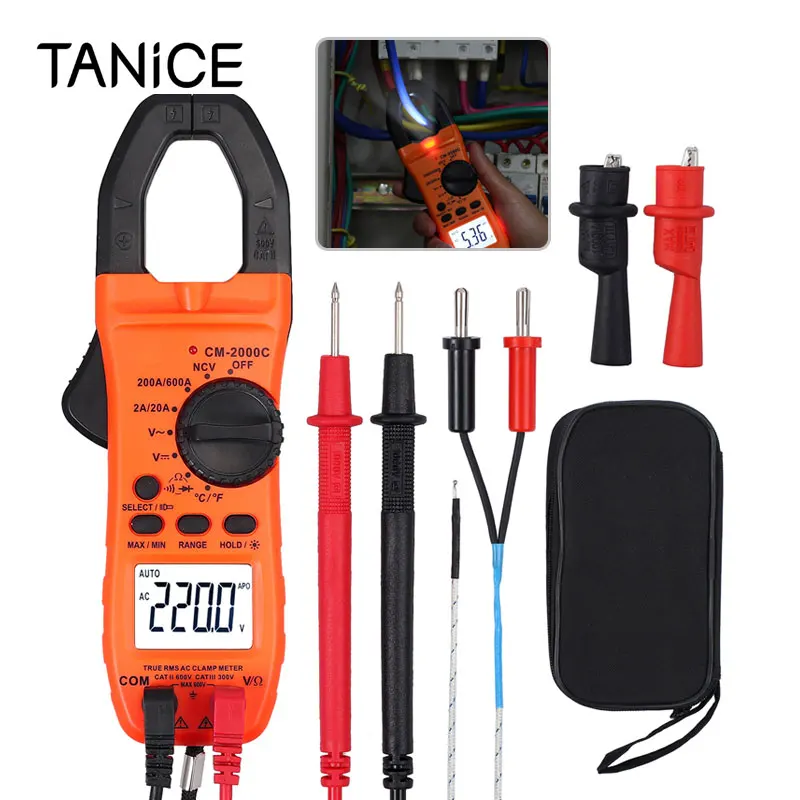 

TANiCE Digital Clamp Meter TRMS 600A AC Current AC/DC Voltage NCV Resistance Frequency Temperature Diode with LCD Flashlight