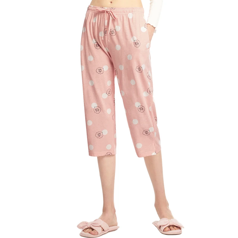 Pink white dot THREEGUN женские Пижамные шорты, укороченные штаны полной длины, кружевные Хлопковые женские штаны для сна, свободные штаны с эластичной резинкой на талии, домашние штаны, партия - Цвет: Pink white dot