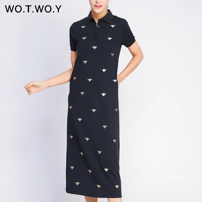 WOTWOY Bee Print Long Knee-Length Shirt Dresses Women Casual Turn-down Polo Straight Dress Female Pockets Cotton Clothes