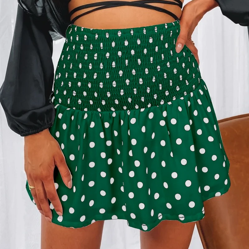 

WENYUJH Women Fashion Polka Dot Print Pleated Mini Skirt Ladies Beach Vestidos Chic A-line Skirts Sexy Elastic Waist Short Skirt