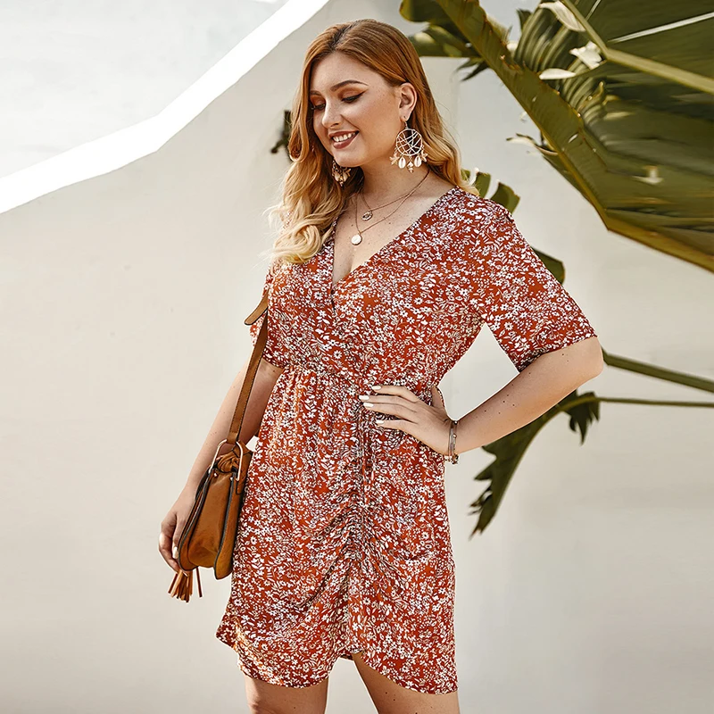 

2020 New Summer Sundress Women Floral Print Dress V Neck Short Sleeve Pleated Loose Holiday Mini Dress Female Plus Size Dress