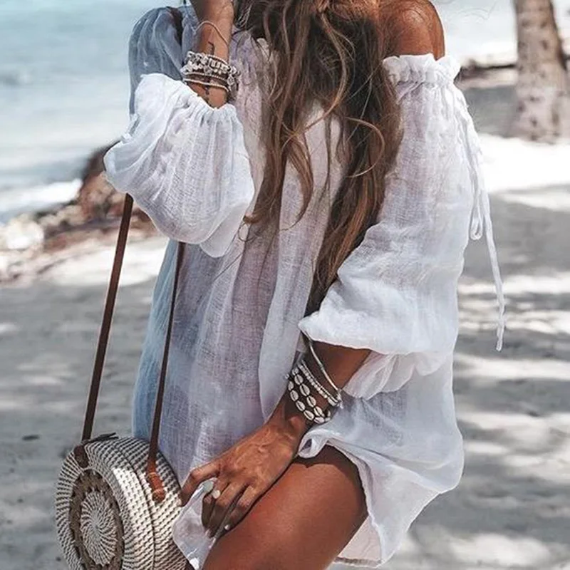 

Beach Dress Cover Up Sarong Swim Beach Bathing Suit Casual Long Sleeve Beachwear Drawstring Off Shoulder Bikini Women Swimwear