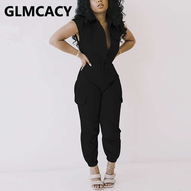 

Women Casual Solid Sleevelss Jumpsuit Regular Cargo Pants Summer Overalls