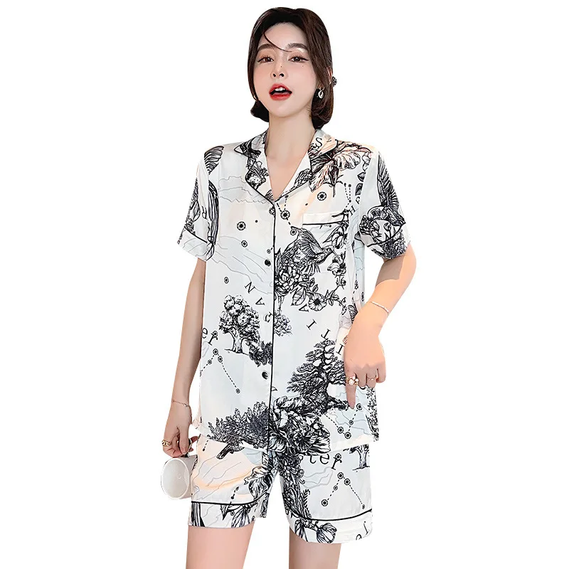 

Lovers' Sleepwear 2PCS Sets Female Pajamas Suit Button-Down Men Pyjamas Satin Nightwear Summer Print Lingerie Thin Home Clothes