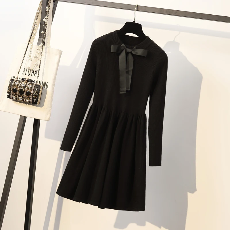 Женское осенне-зимнее платье большого размера с длинным рукавом и бантом |