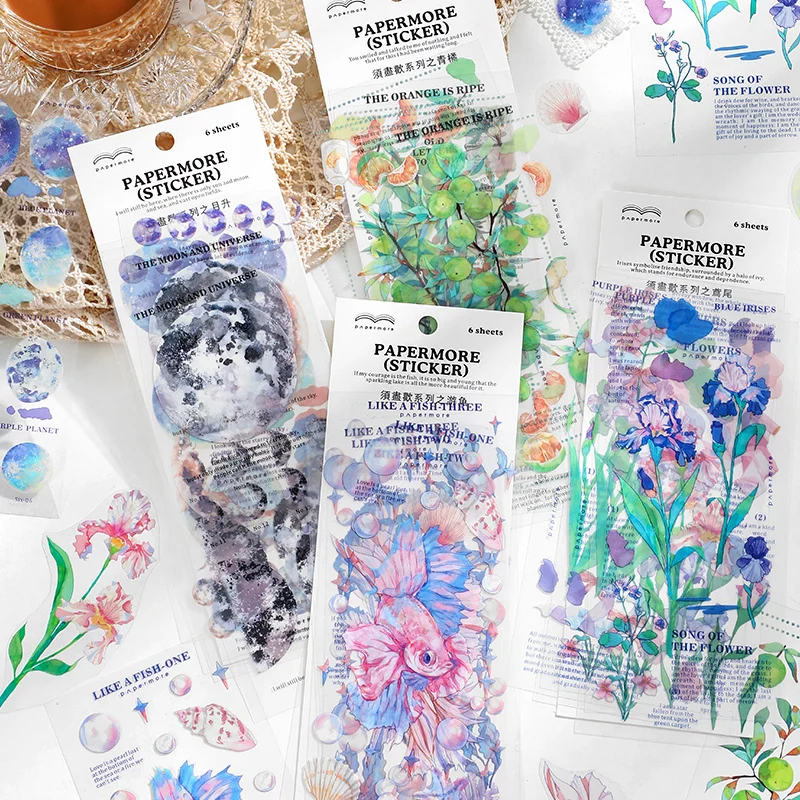 

6 pcs Watercolored Flowers Moons Fish PET Sticker Fresh Art decoration Stickers