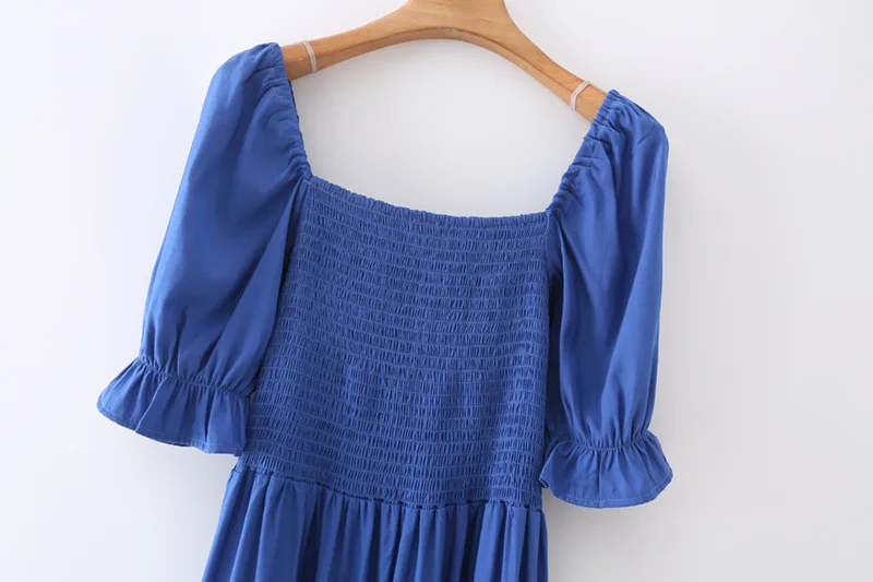 

Nice Women Summer Dress Blue Color Short Sleeve Square Neck Stretch Bust Boho Loose Style Women Boho Dress Vestidos