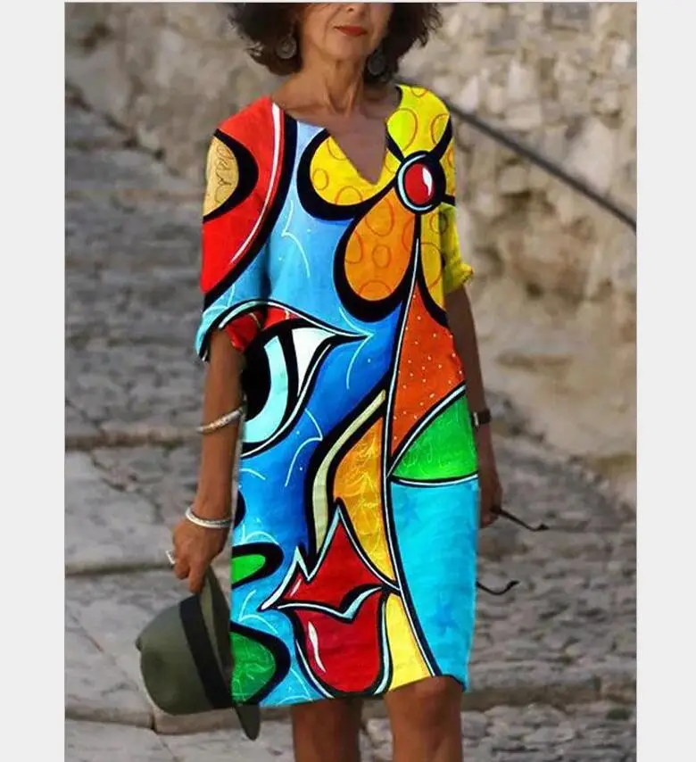 2021  New  Women Printing Dress Summer V-Neck Half Sleeve A-Line Dresses Female Retro litera Vintage Loose Dress Vestidos