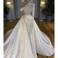 wedding gowns removable skirt with pearls one shoulder ivory bridal dress long sleeves african bridal gowns robes de mariee