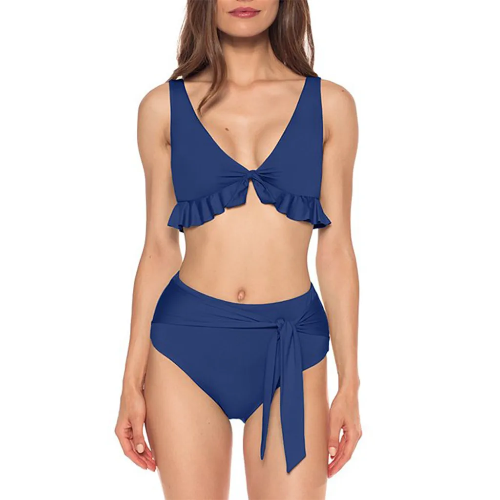 Женский комплект бикини с оборками на подоле однотонный купальник из двух