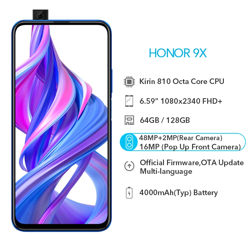 Honor 9X Global rom, 4 ГБ, 64 ГБ, 128 ГБ, 48 МП, две камеры, GPU Kirin 810, четыре ядра, 6,59 дюймов, FHD, полный экран, мобильный телефон, смартфон