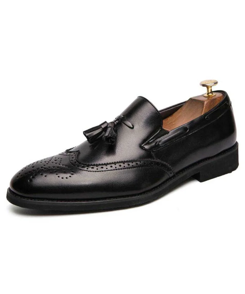 

Men's Handmade Black PU Hollow Pointed Toe Classic Retro Tassel Loafers Comfortable and Breathable Fashion Business Casual KA113