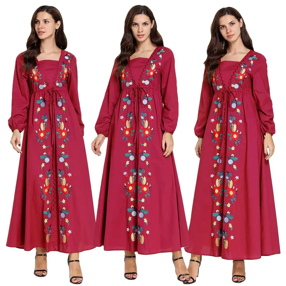 

Abaya/длинное женское Платье макси с вышивкой, с пышными рукавами, мусульманское винтажное этническое платье с длинными рукавами и квадратным...