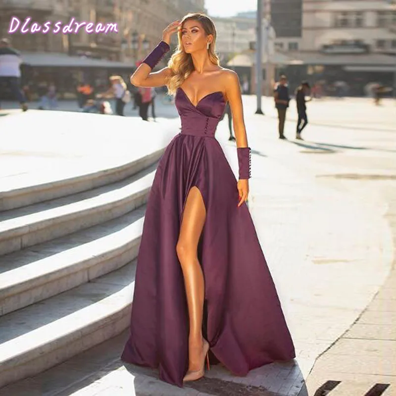 

Dlassdream вечерние платья с высоким разрезом, сексуальное вечернее платье без бретелек с вырезом сердечком, атласное фиолетовое платье для вып...