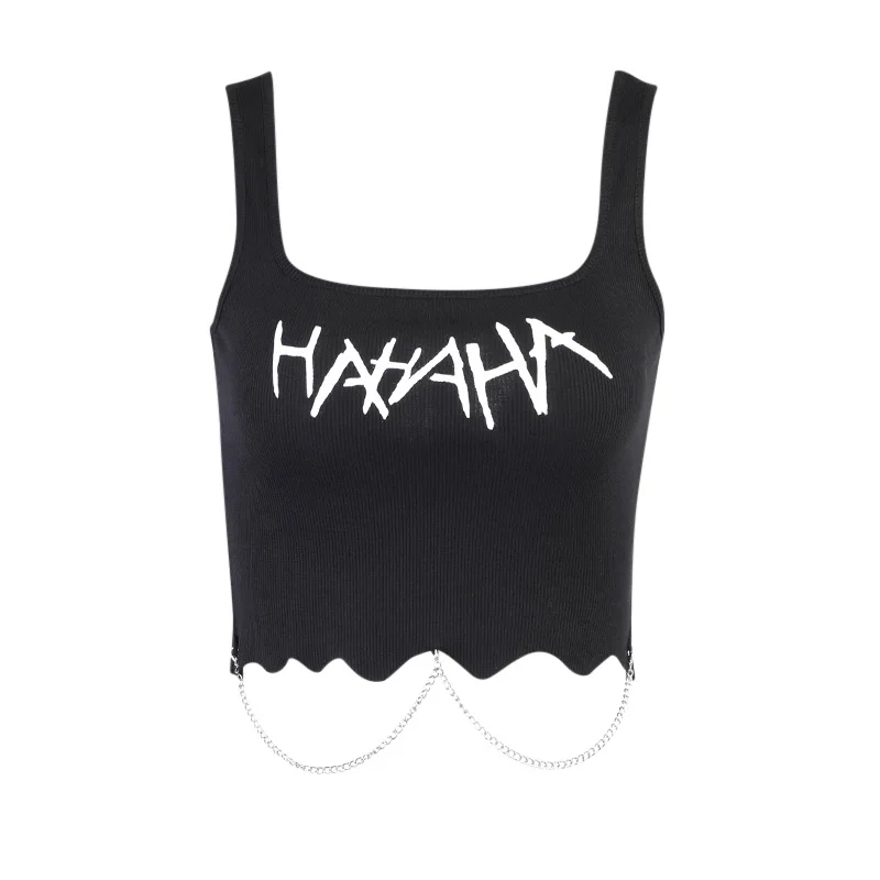 

InsDoit Gothic Clothes Black Punk Sexy Tank Tops Women Print Harajuku Streetwear Asymmetric Camisole Summer Sleeveless Crop Tops