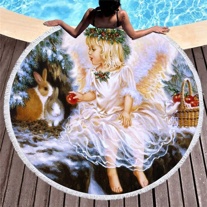 Мультяшное круглое пляжное полотенце с ангелом для взрослых милое из микрофибры