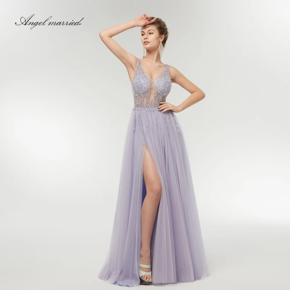 Angel married fashion Evening Dresses with slit low v neck crystal prom gowns women pageant dress formal party vestidos | Свадьбы и