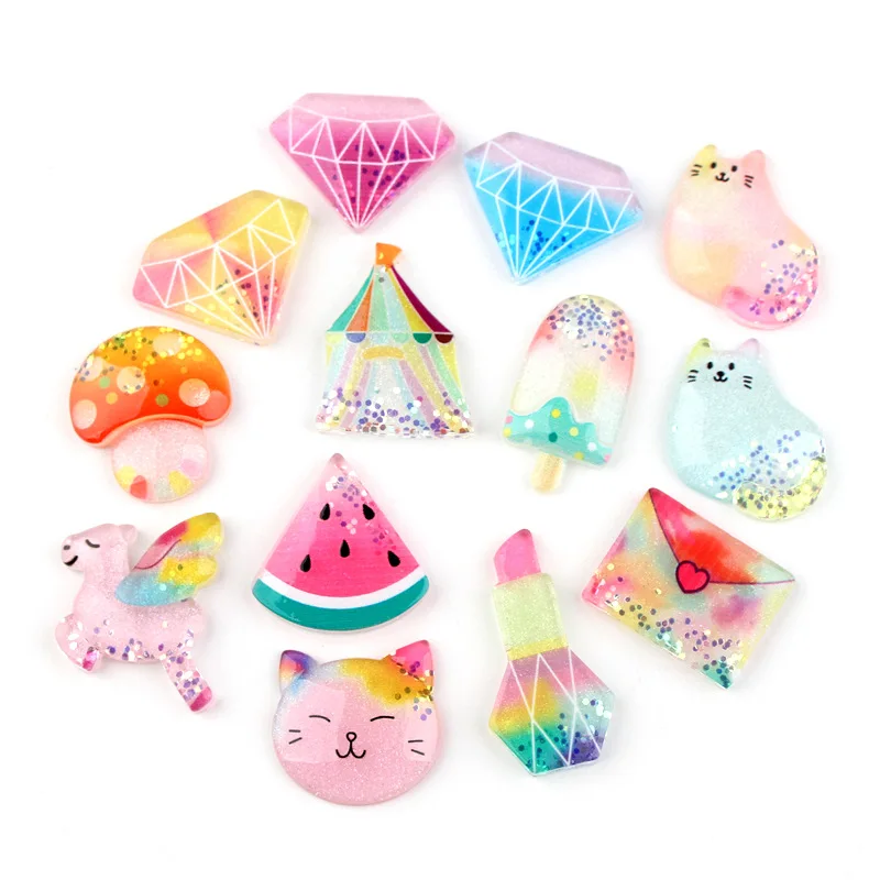 Colorful Glitter Resin Cabochons 10pcs Flatback Kawaii Fruit Watermelon Animal Cat Mushroom Ice Cream Horse Castle Cameo Patch | Украшения