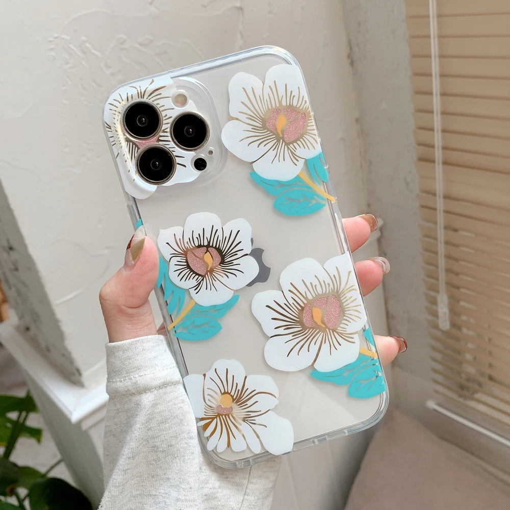 Роскошные Чехлы с блестками и цветами для iPhone 13 12 Pro Max 11 X XR 7 8Plus Прозрачный