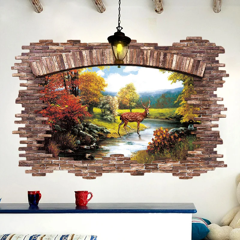 Deer Landscape 3D Wall Stickers Woody Window View Vinyl Decals Children Room Home Decor PVC Decals/Adhesive | Дом и сад