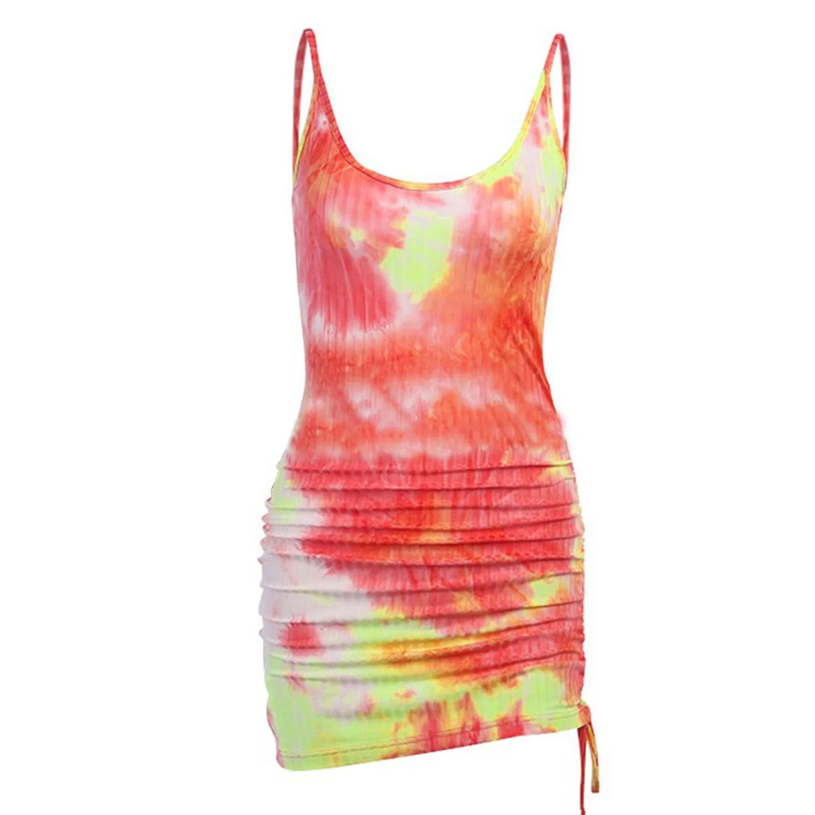 

Women Dresses Summer 2021 O-neck Tie Dyed Short Sleeve Drawstring Pleated Slim Camisole Dress Streetwear Vestidos De Mujer
