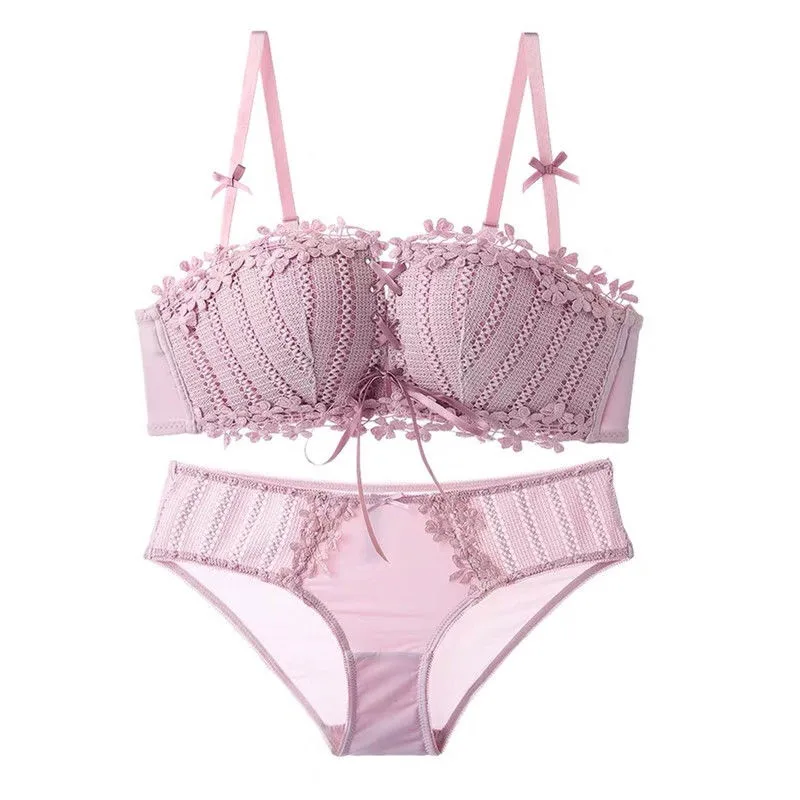 

Sexy Lace Floral Lingerie Set Push Up Bra Women Comfort Adjusted Bra And Panty Set Backless Wireless Underwear Seamless Bralette