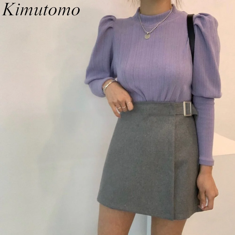 

Женский Однотонный свитер Kimutomo, новинка весны 2022, корейский шикарный пуловер в стиле ретро с полувысоким воротником и пышными рукавами, уни...