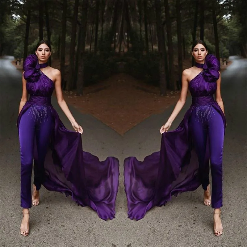 

Elegant Purple Jumpsuit Evening Dress 2023 Sexy One Shoulder Pant Suit Overskirt Train