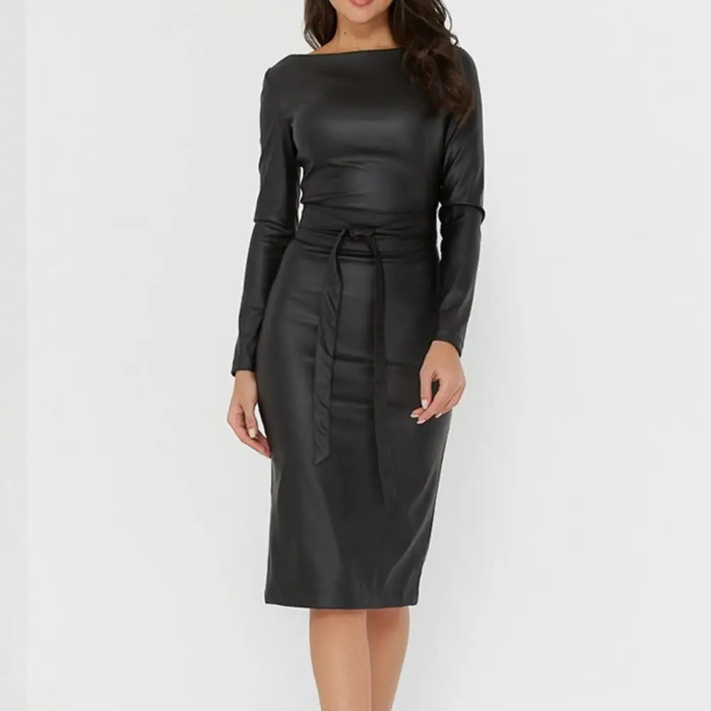 

Уличная одежда, простое однотонное платье с запахом на бедрах, женское платье из искусственной кожи с длинным рукавом для свадьбы