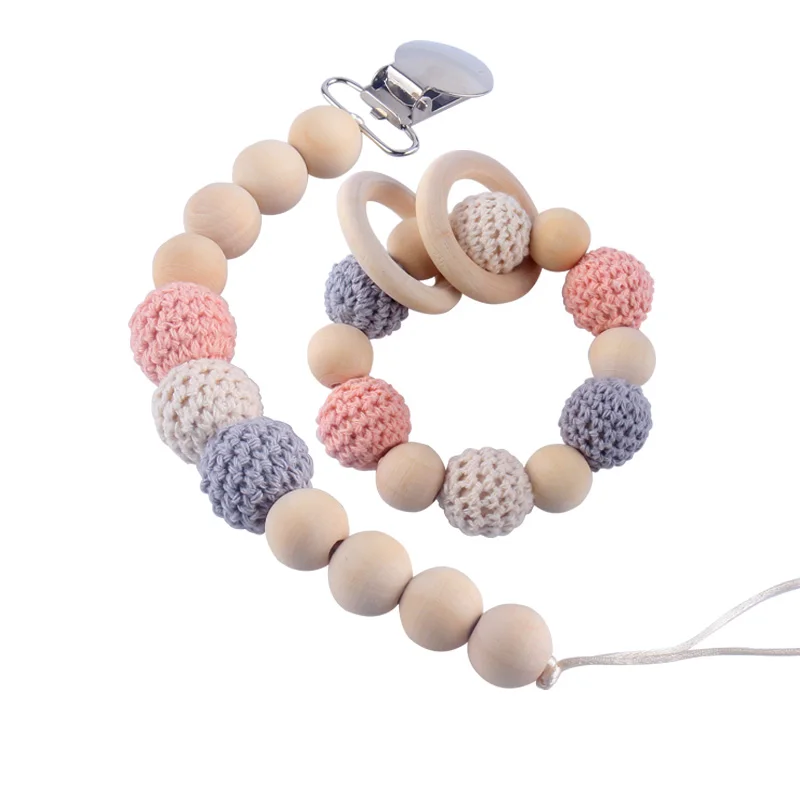 XCQGH Baby Beech кроше деревянный Соска с бусами цепи детский браслет молярные бусины анти-Падение детский браслет цепочка с зажимом для соски-пустышки