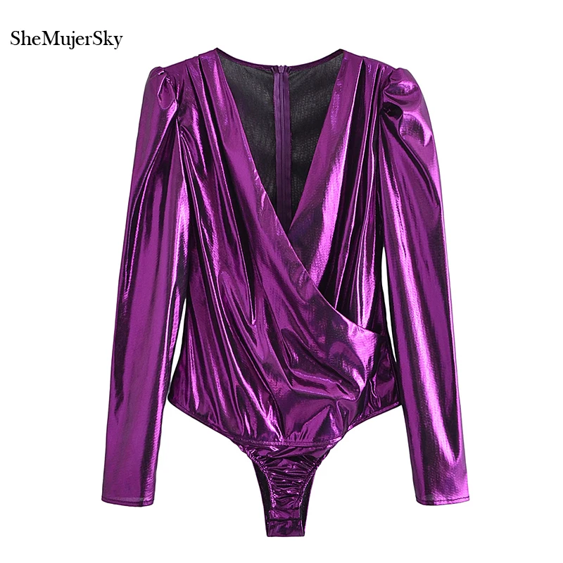 

SheMujerSky Sexy Purple Glitter Bodysuit Women Long Sleeve V-neck Folds Slim Jumpsuit 2022 Sequined Bodysuits