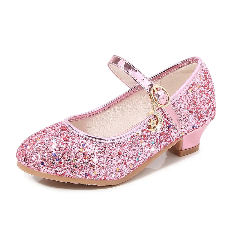 

New Brand Girls Shoes Rhinestone Sequins Fashion Princess Leather High Heel Shoes Children's Performance Wedding Party Shoes 2.5