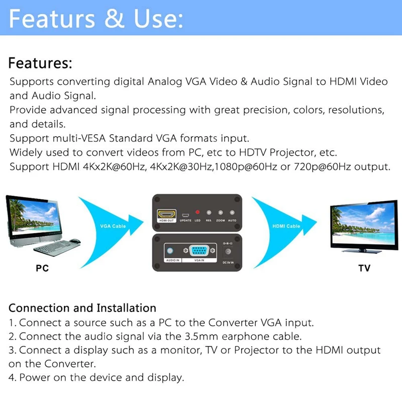Vga к Hdmi 4K скалер аудио вход выходу x 2K аналоговый цифровому адаптеру штепсельная