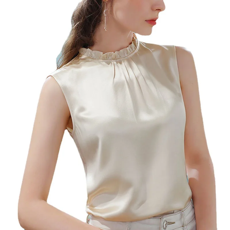 

Woman Spring Summer 2021 New Women's Acetate Satin Chiffon Shirt Sleeveless Solid Color Blouses For Ladies Clothes C0029