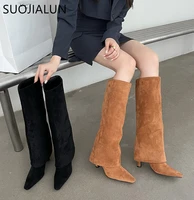 suojialun 2021 winter new brand women long boots high quality pointed slip on knee high boots thin high heel knight boots