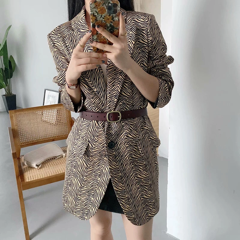 Женское офисное пальто с принтом животных винтажный свободный костюм длинным