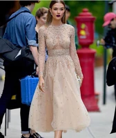 sparkling beaded rhinestone tulle prom dresses 2020 long sleeves jewel neck celebrity party gowns backless vestidos